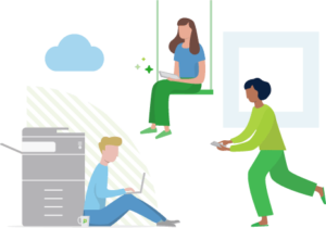 graphic of three people using electronic devices
