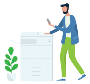 graphic of person using a mobile phone next to a photocopier