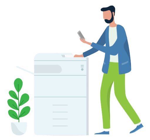 graphic of person using a mobile phone next to a photocopier