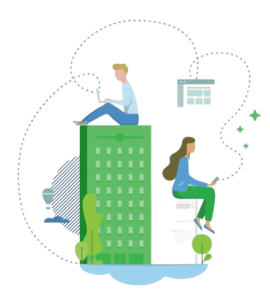 graphic of two people using electronic devices