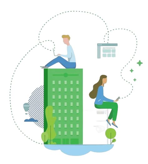 print management software solutions graphic of two people using electronic devices
