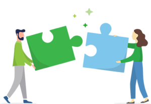 graphic of two people putting jigsaw puzzle pieces together