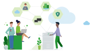 graphic of three people using technology